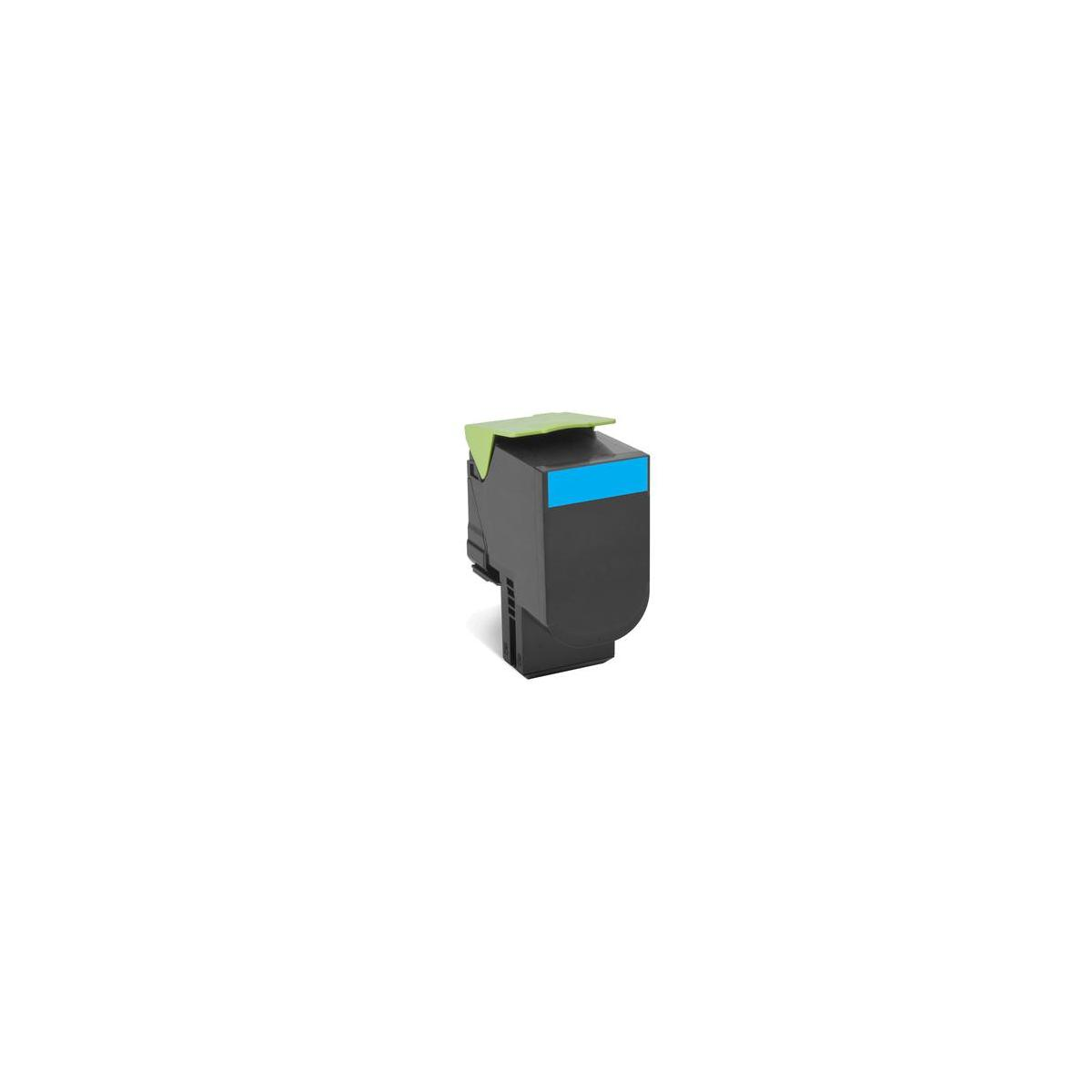 Een zwarte en blauwe tonercartridge met een groene bovenkant op een witte ondergrond.