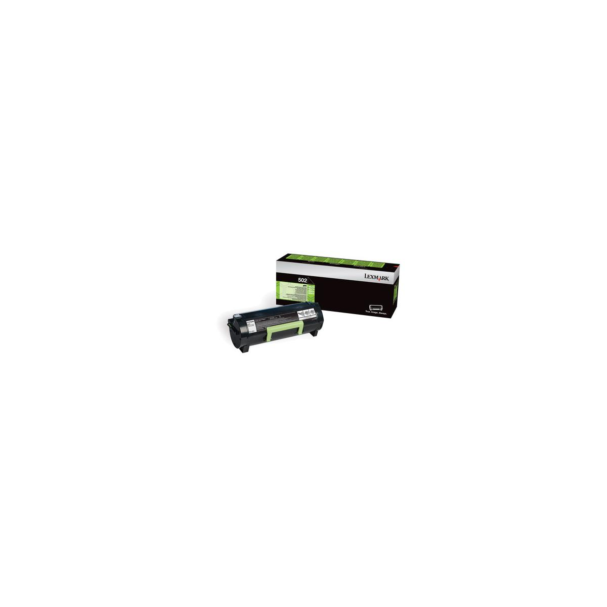 Une cartouche d'imprimante noire et verte et une boîte avec le logo 'LEXMARK'.