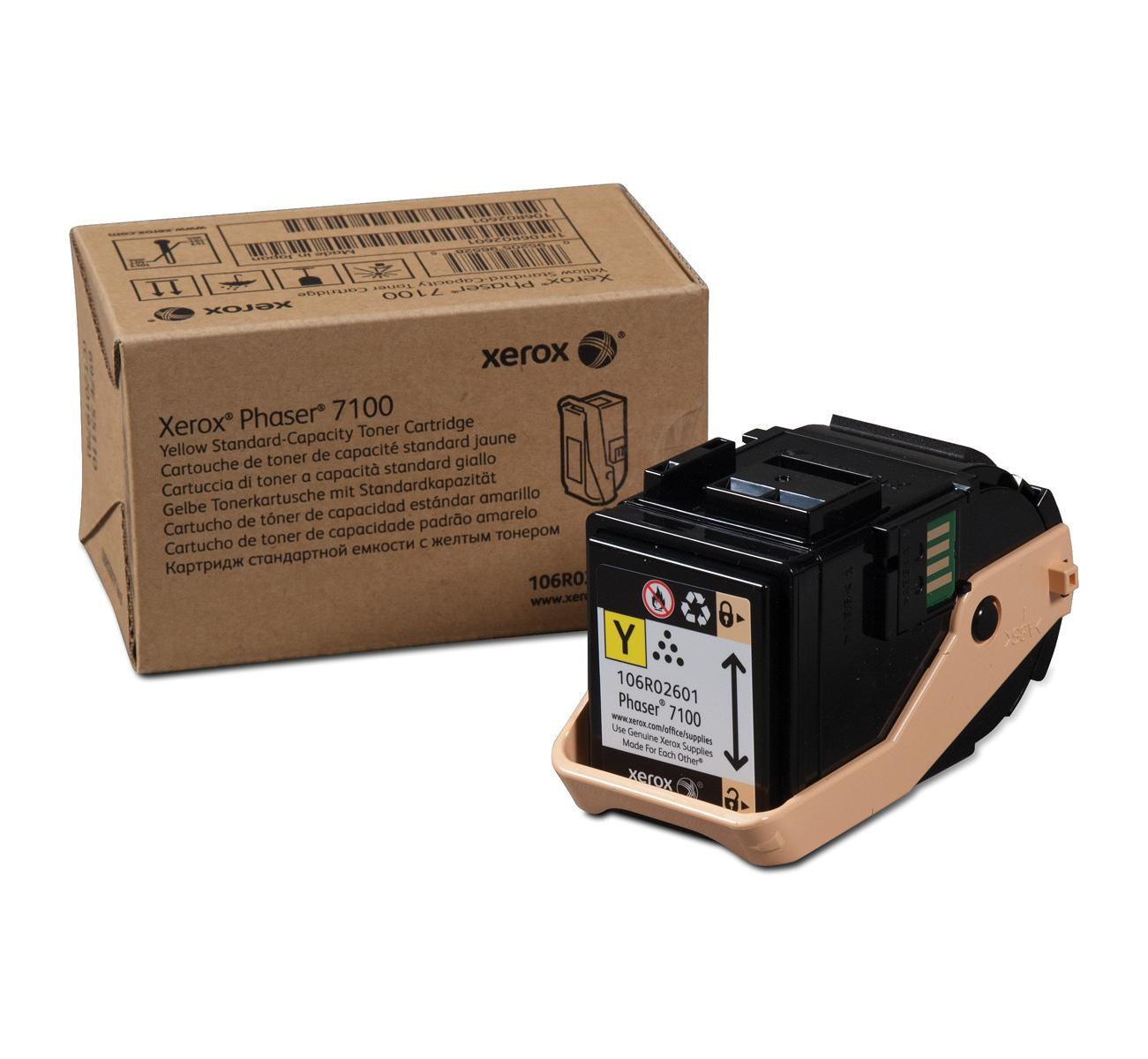 Scatola cartuccia toner Xerox Phaser e una cartuccia toner nera con parti beige. Sfondo bianco.