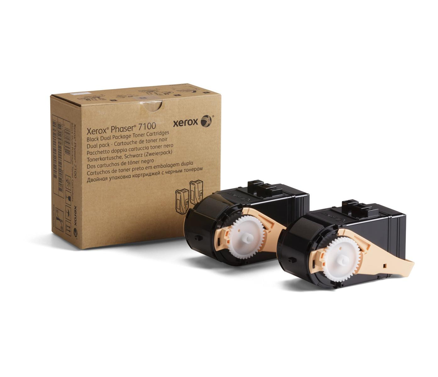 Scatola e due cartucce toner nere con ingranaggi beige, su sfondo bianco.