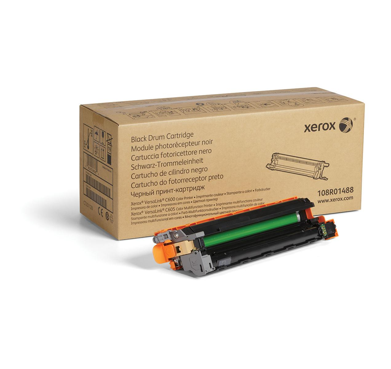 Eine Xerox Trommelpatronenbox und Patrone. Die Patrone ist orange und grün. Die Box ist braun mit Text.