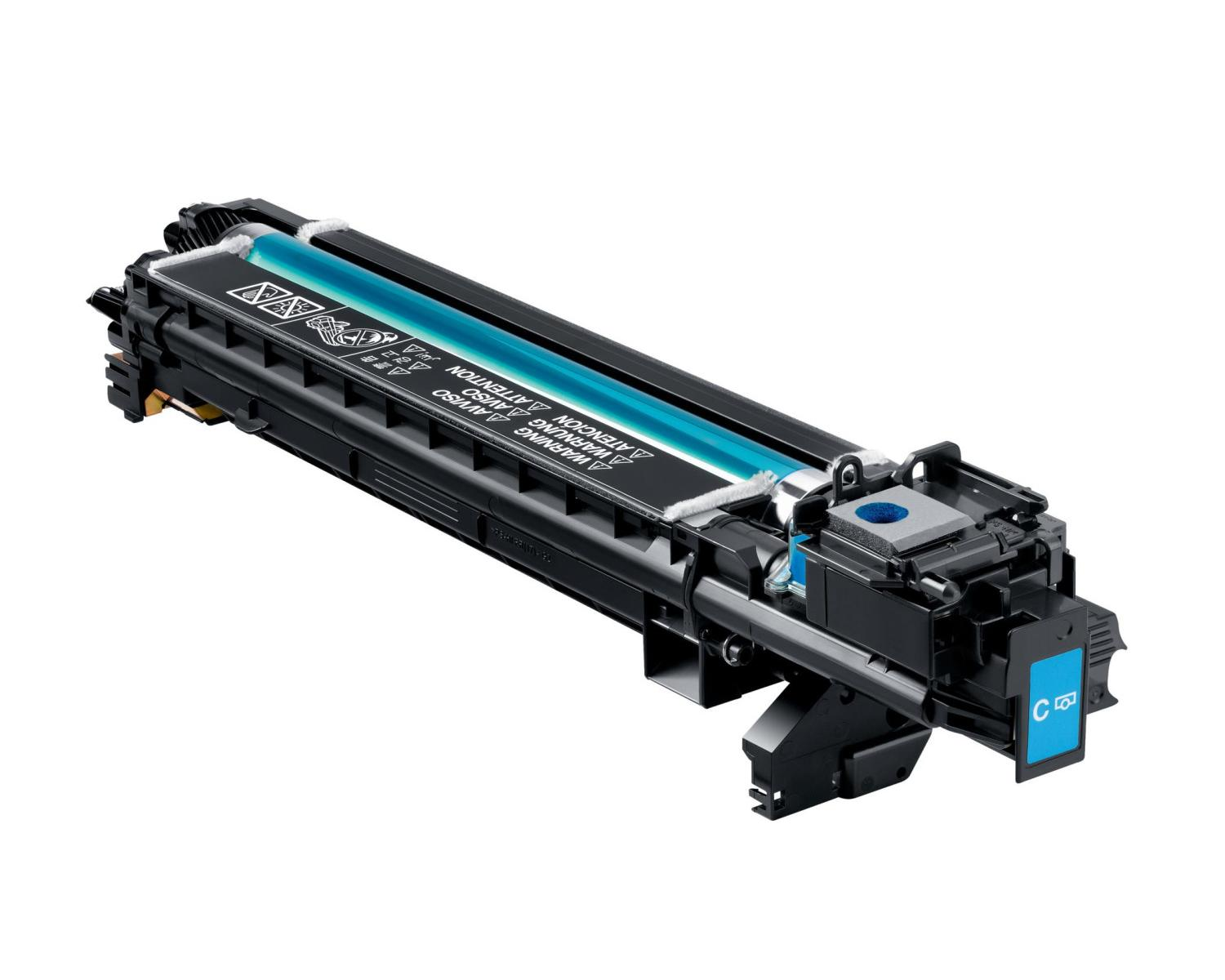 Una cartuccia toner color ciano per una stampante. È nera con un cilindro blu all'interno.