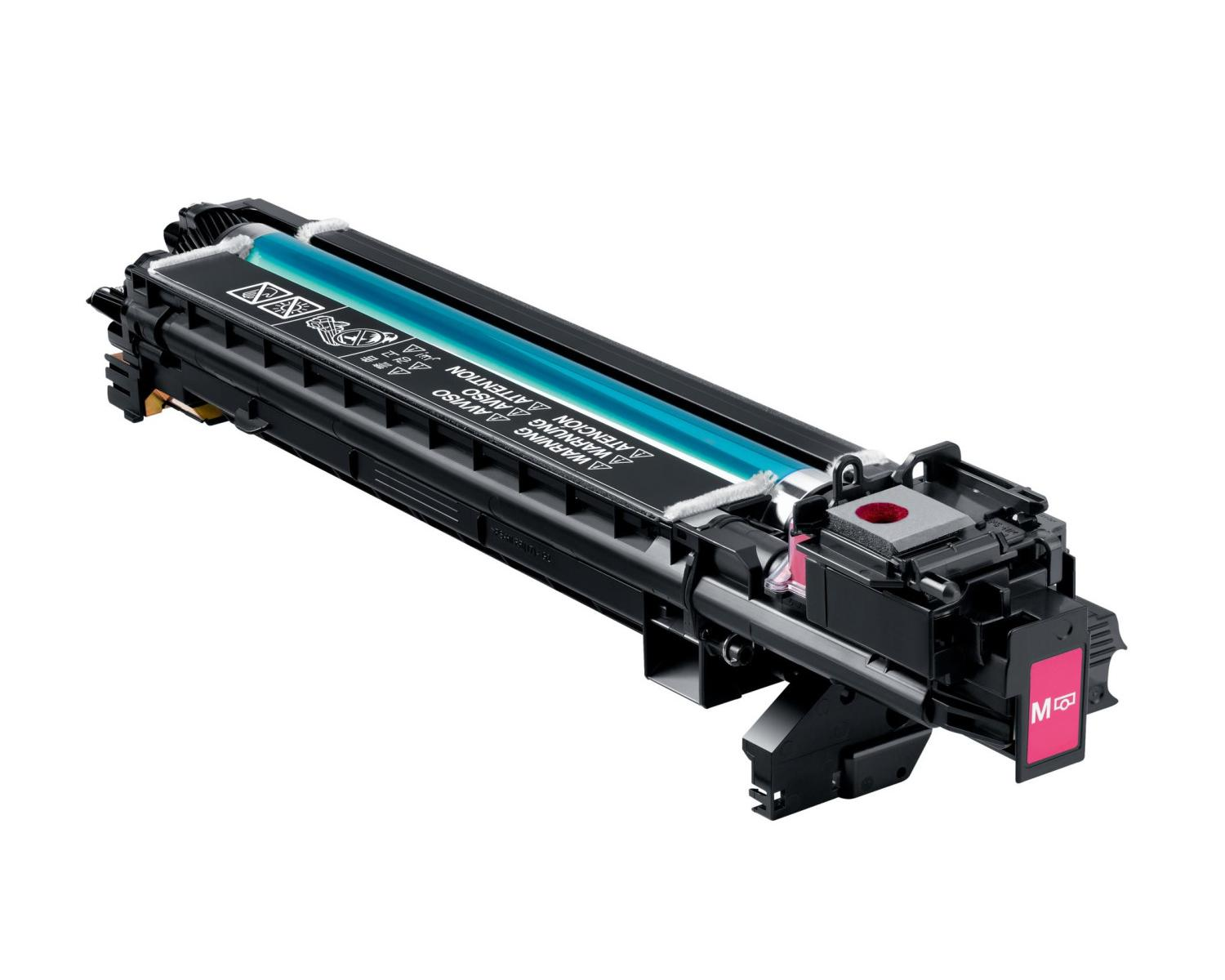 Cartuccia per stampante nera con dettagli rosa, su sfondo bianco.