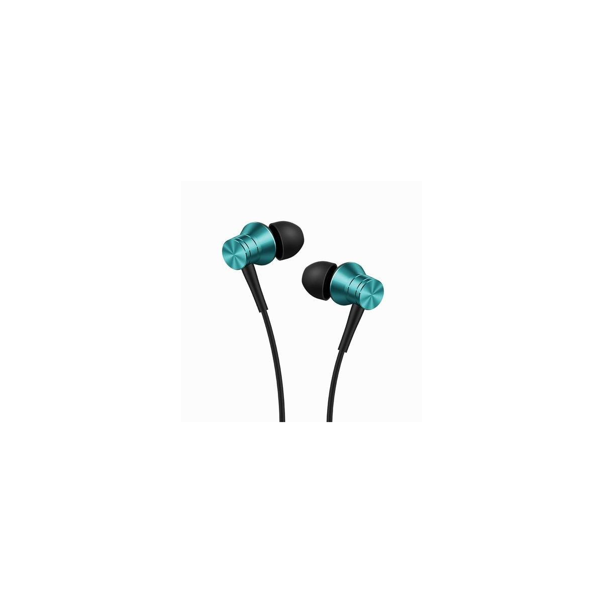 Auricolari color turchese con punte nere, cavo e sfondo bianco.