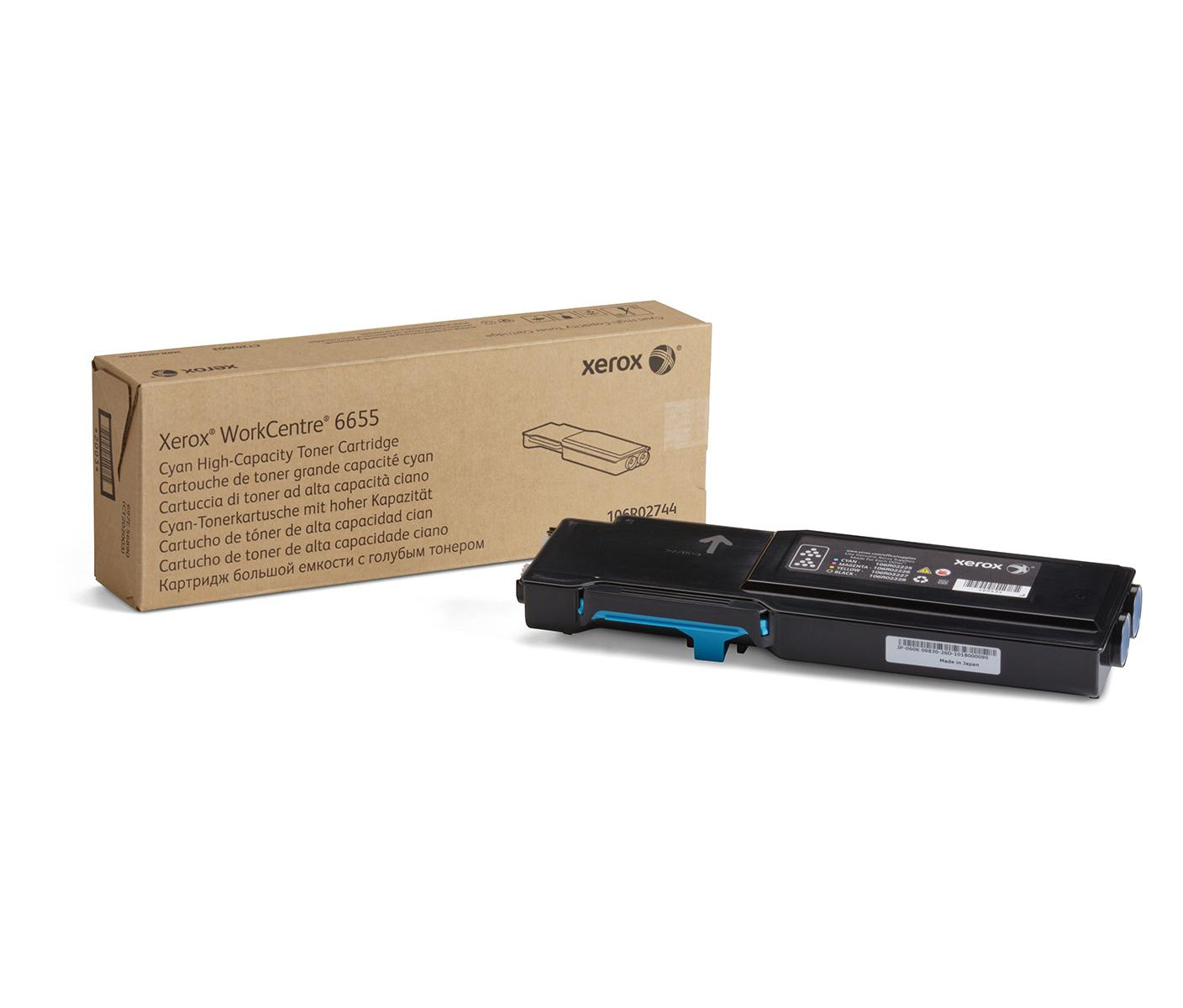 Una cartuccia toner ciano Xerox WorkCentre 6655 e la scatola su sfondo bianco.