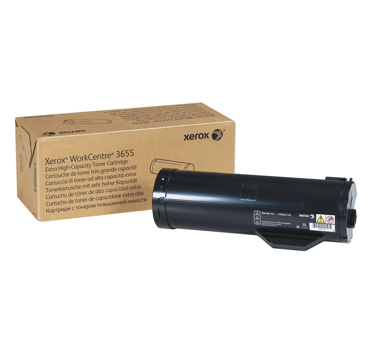 Cartuccia toner e scatola Xerox WorkCentre 3655. Cartuccia nera, scatola beige e marrone.