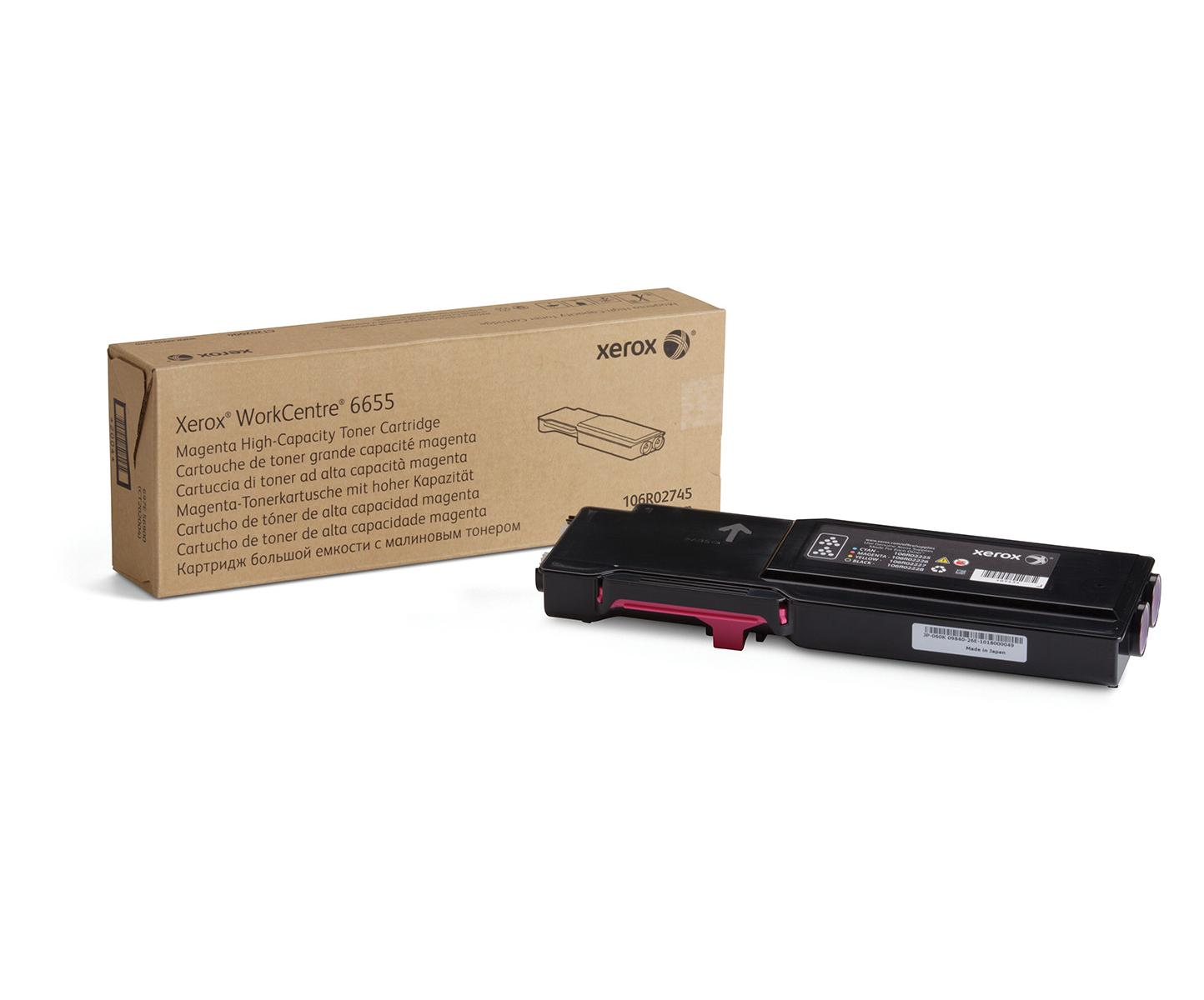 Una scatola di cartucce toner Xerox con una cartuccia toner magenta. La scatola è marrone.