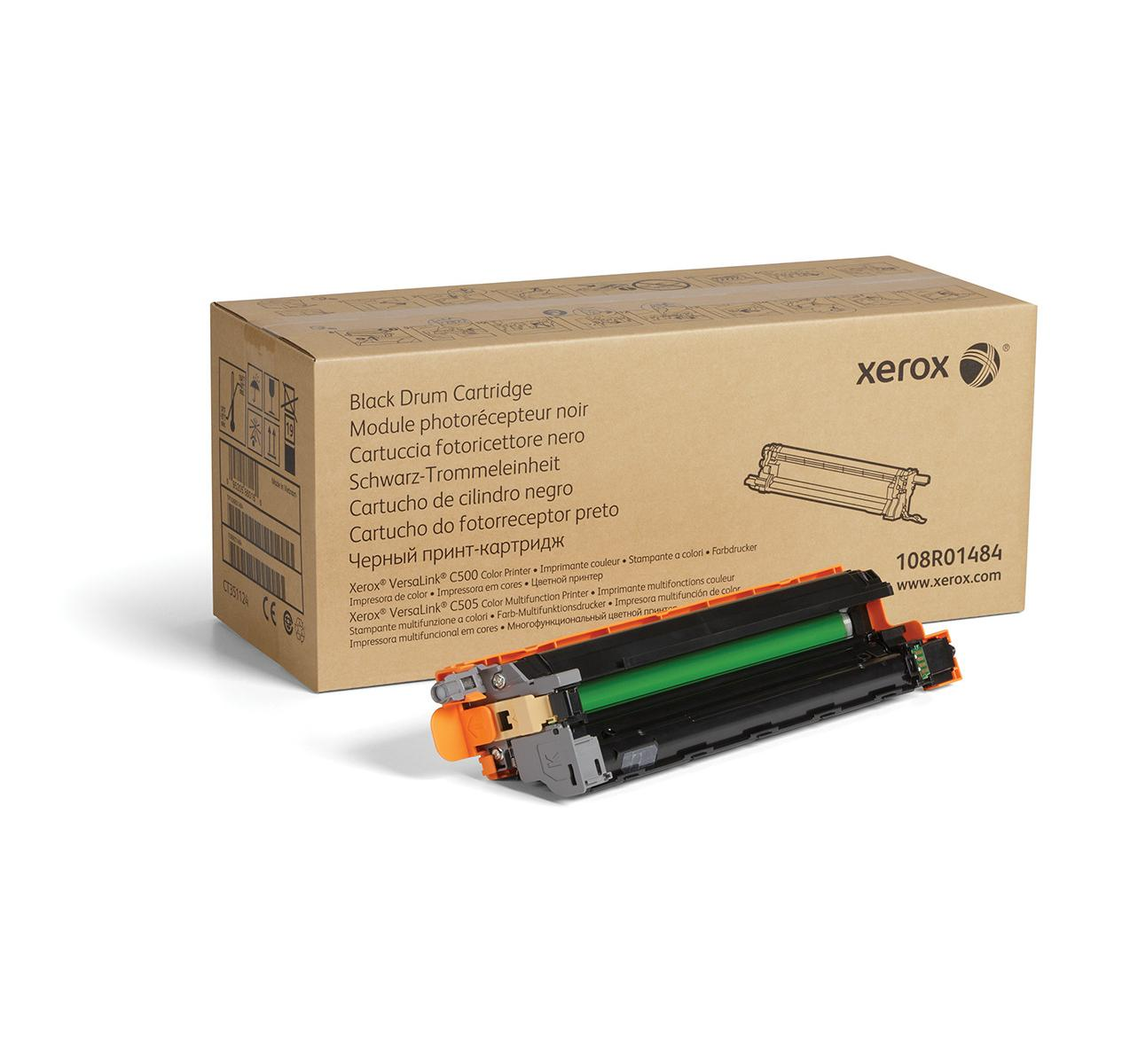 Caja y cartucho Xerox Black Drum. El cartucho es gris, verde y naranja.