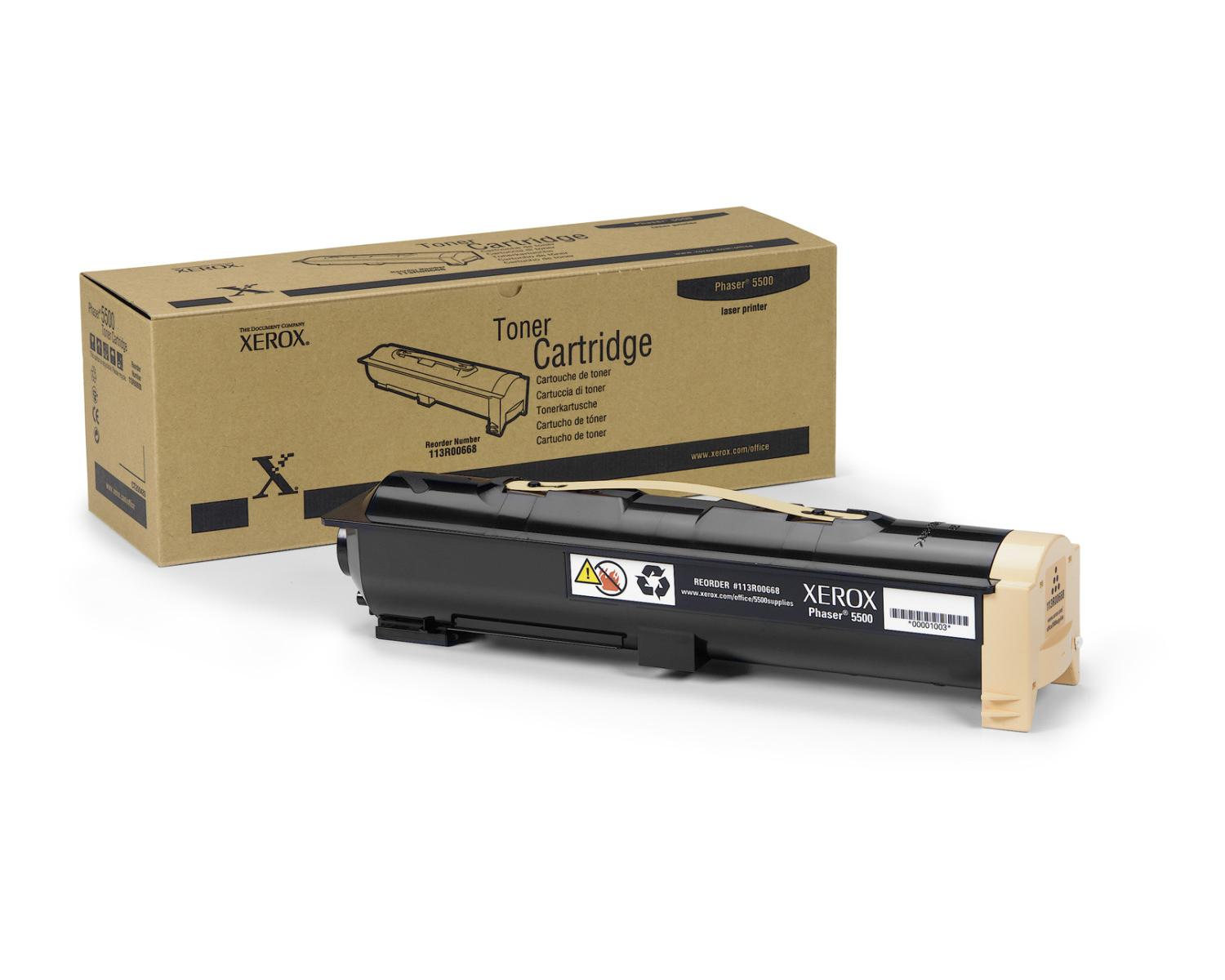 Cartuccia toner Xerox in una scatola. Cartuccia nera e confezione beige e marrone.