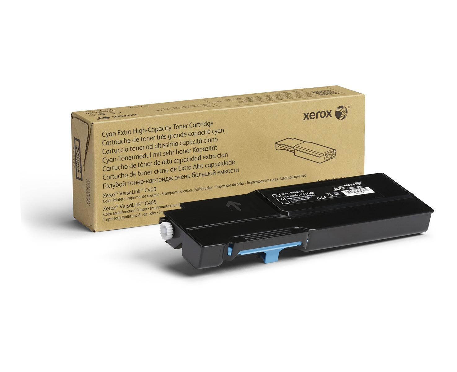 Een Xerox Versalink C400 cyaan tonercartridge en de doos op witte achtergrond.