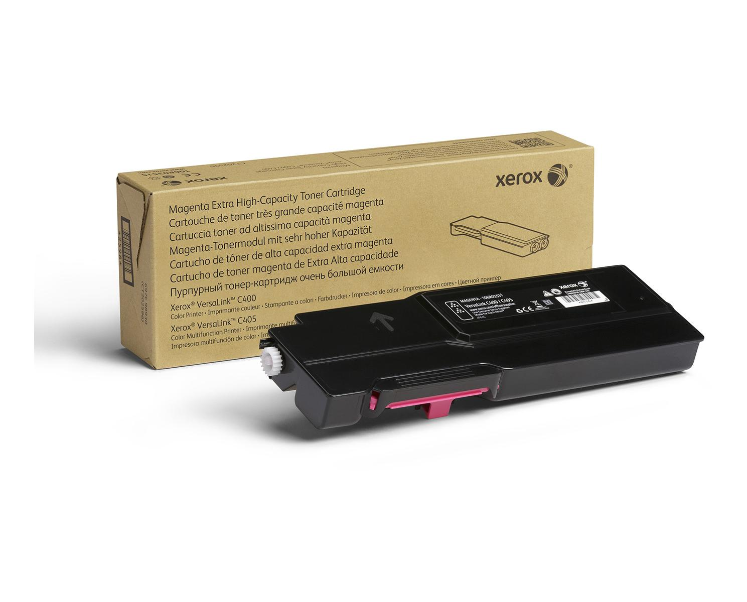 Cartuccia toner magenta e la sua scatola. Il testo è visibile sulla scatola. Sfondo bianco.