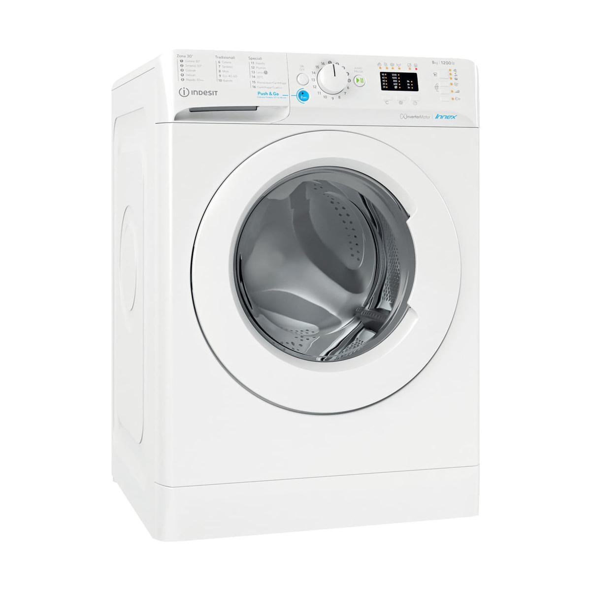 Lavatrice Indesit bianca con porta anteriore.