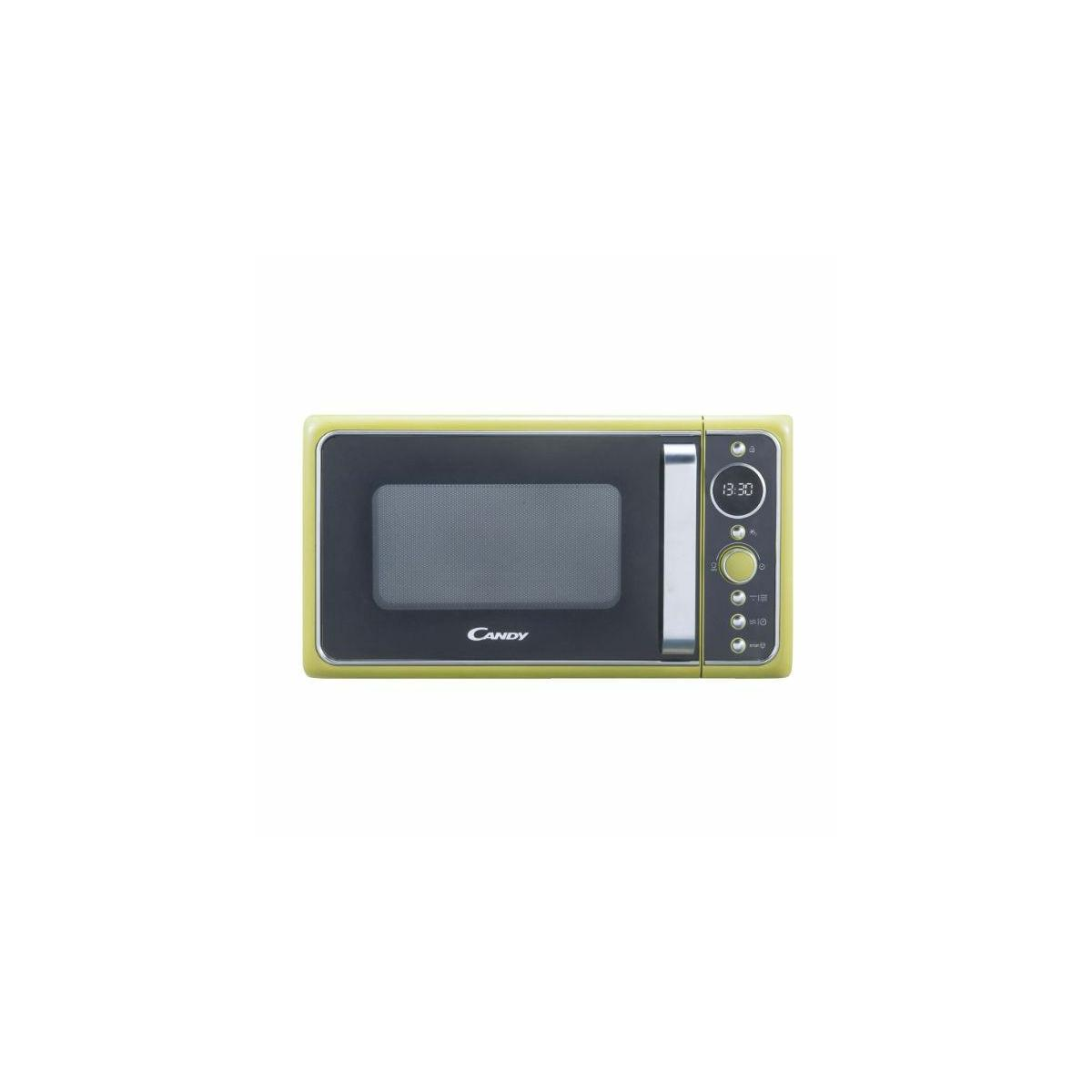 Forno a microonde Candy verde con display digitale. Ha un pannello di controllo sul lato destro. Sfondo bianco.