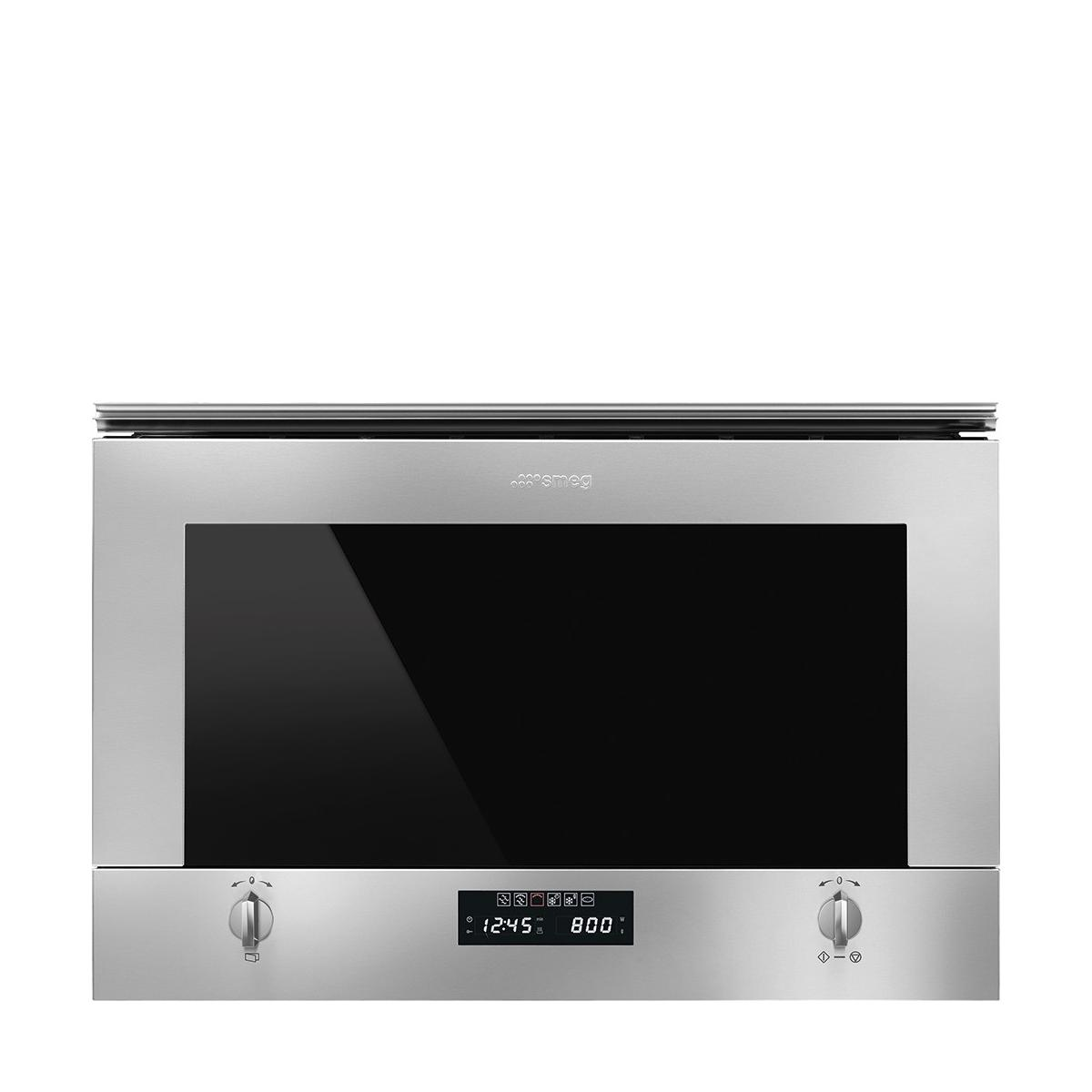 Horno microondas plateado con puerta negra, tiene pantalla digital y perillas.