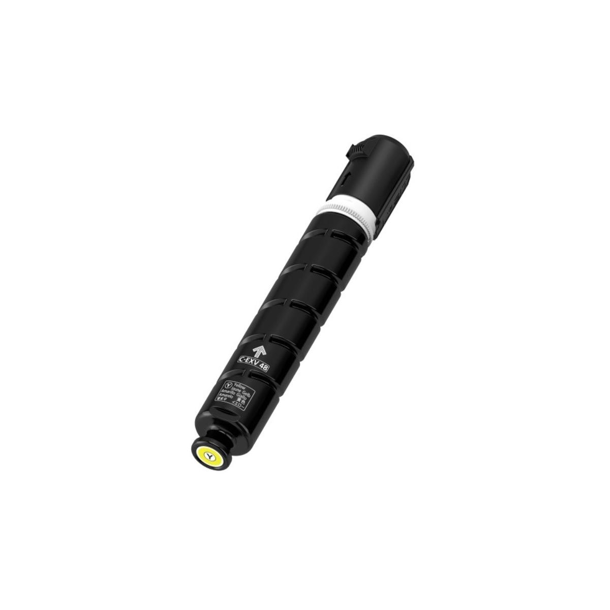 Czarny wkład z tonerem z białymi paskami, żółtą końcówką i etykietą na białym tle.