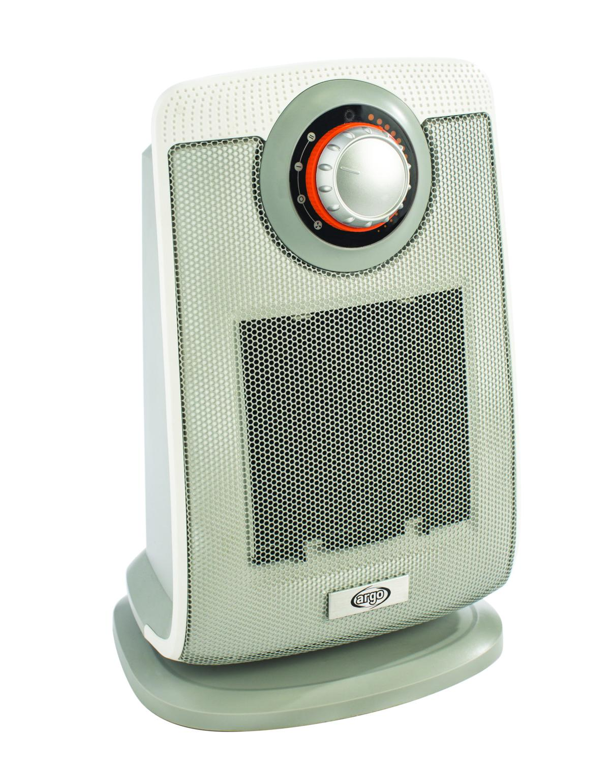 Un termoventilatore Argo bianco e grigio, con un quadrante argentato e una griglia frontale nera.
