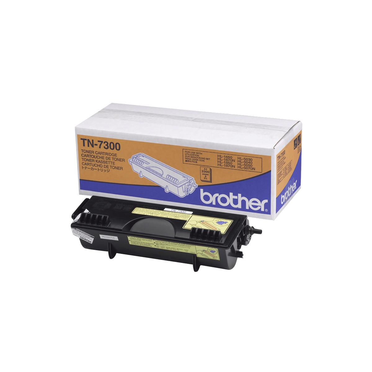 Una cartuccia per stampante con scatola, etichettata 'TN-7300' e 'brother'.