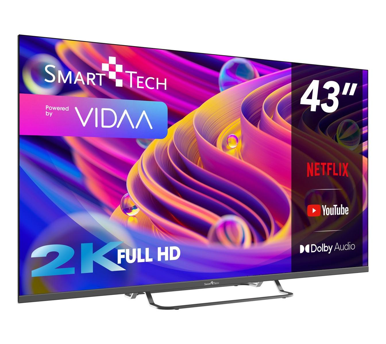 Un televisore Smart Tech da 43 pollici con 2K Full HD e Dolby Audio, con loghi Netflix e YouTube.