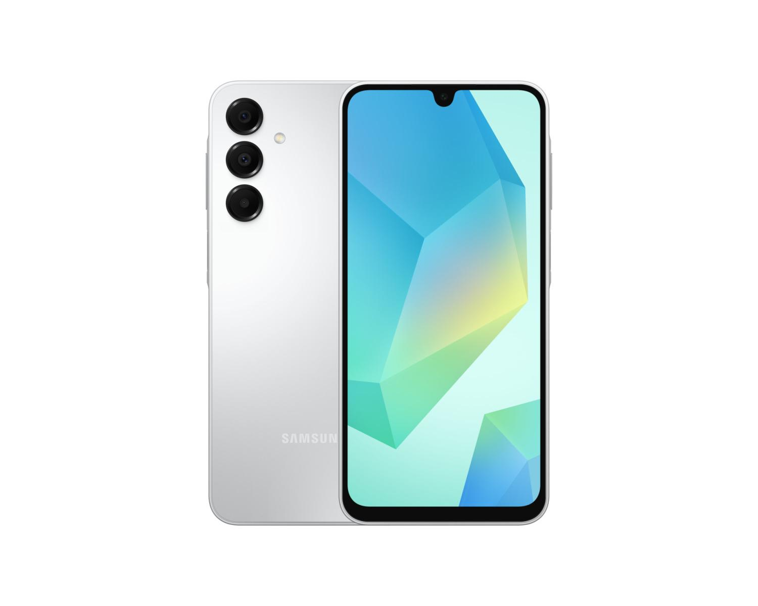 Silbernes Smartphone mit zweifarbigem Rücken und farbenfrohem Bildschirm.
