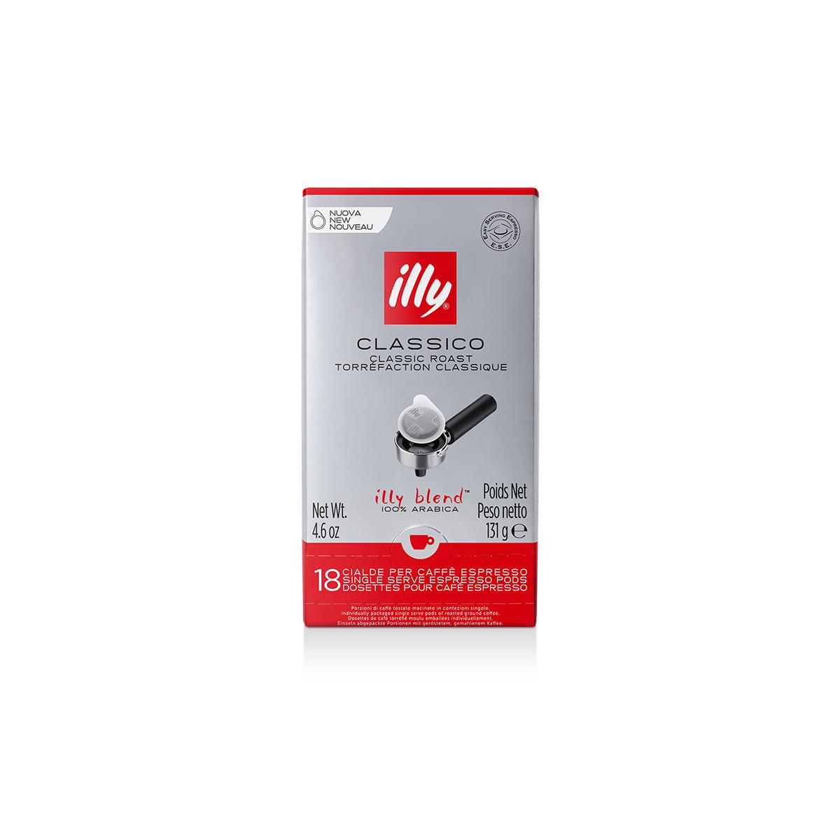 Illy Classico Classic Roast 18 Cialde Espresso, 131g. Confezione argento con accenti rossi.