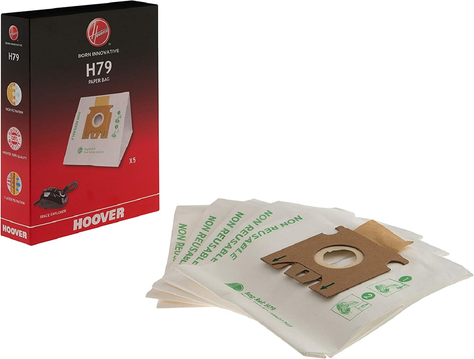 Bolsas y caja de aspiradora Hoover. La caja muestra una bolsa de papel. Fondo blanco.