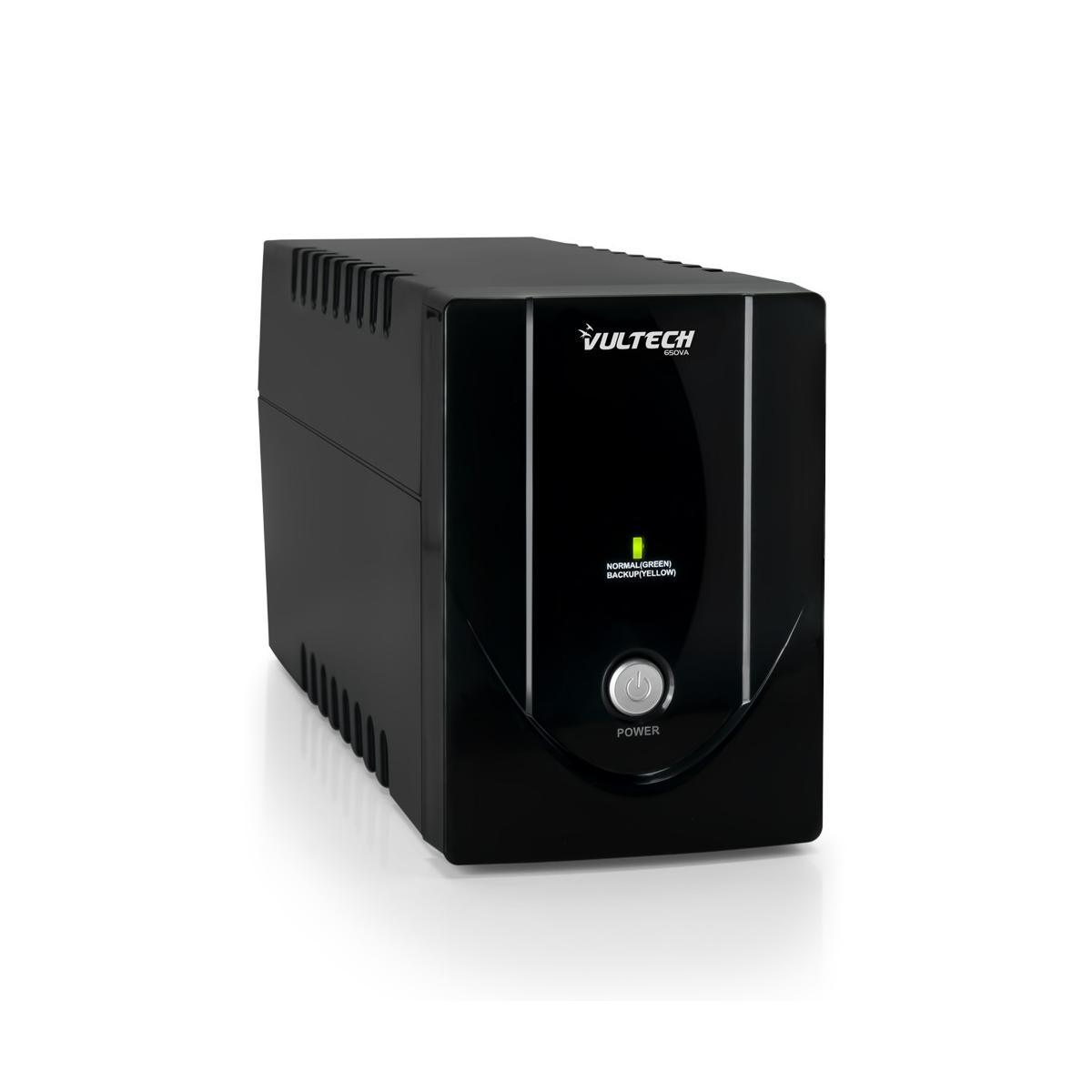 UPS nero con pulsante di accensione e luce verde. Logo VULTECH.