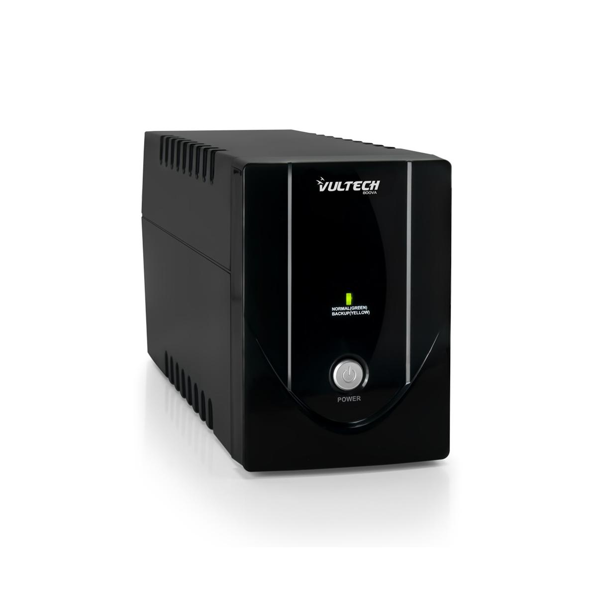 Dispositivo UPS VULTECH nero. Ha un pulsante di accensione, una luce verde ed è su uno sfondo bianco.