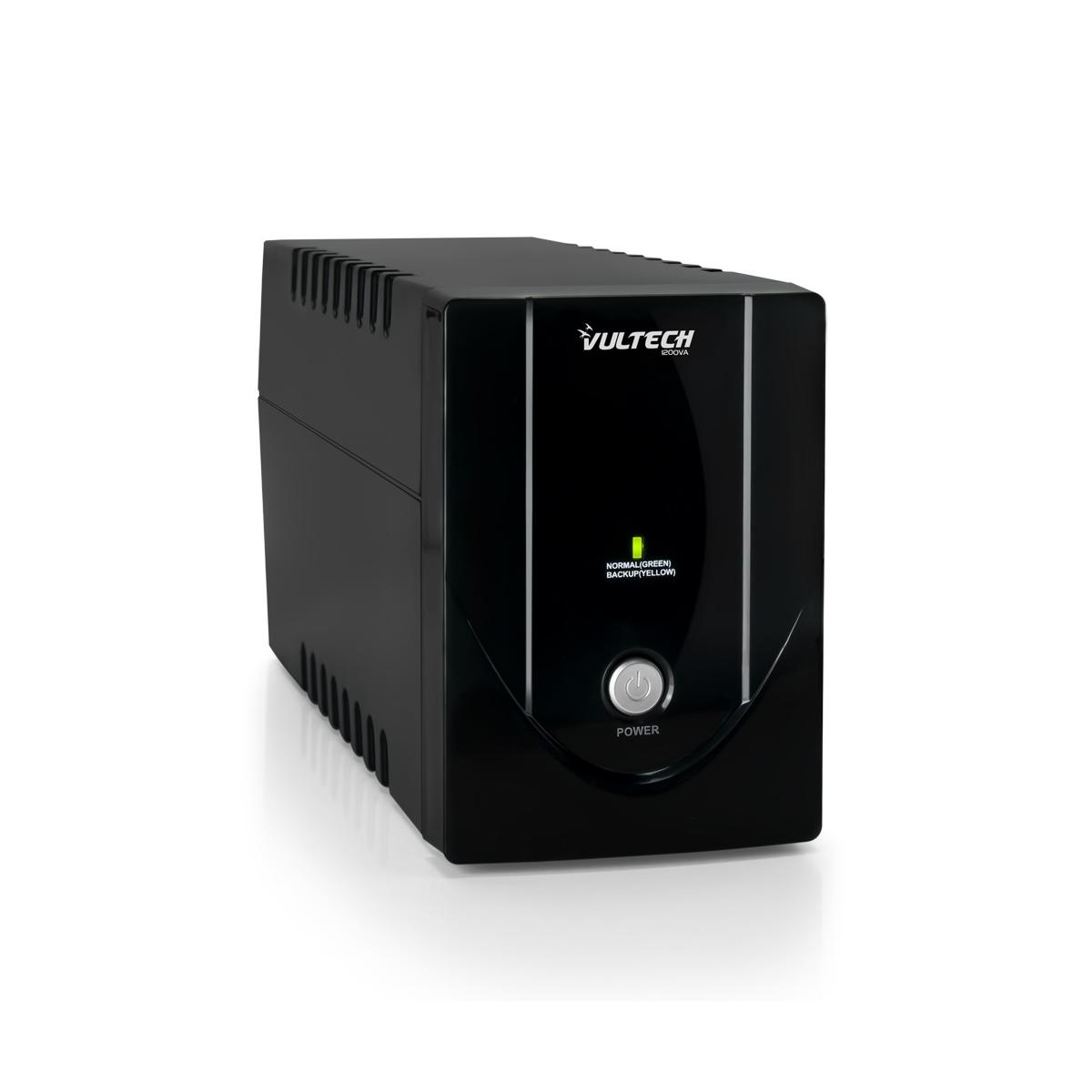 Un UPS Vultec nero con un pulsante di accensione e una spia verde.