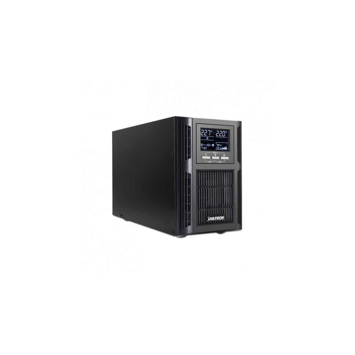 Dispositivo UPS nero con display digitale e prese d'aria, su sfondo bianco.