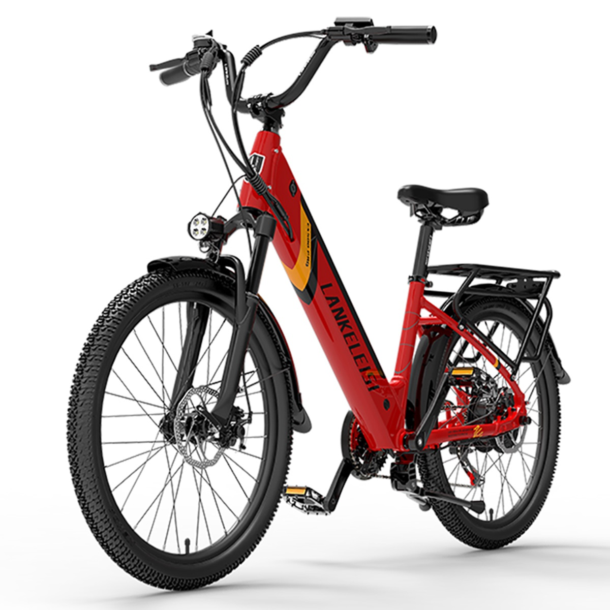 Una bicicleta eléctrica roja con neumáticos y componentes negros. El fondo es una superficie blanca sólida.