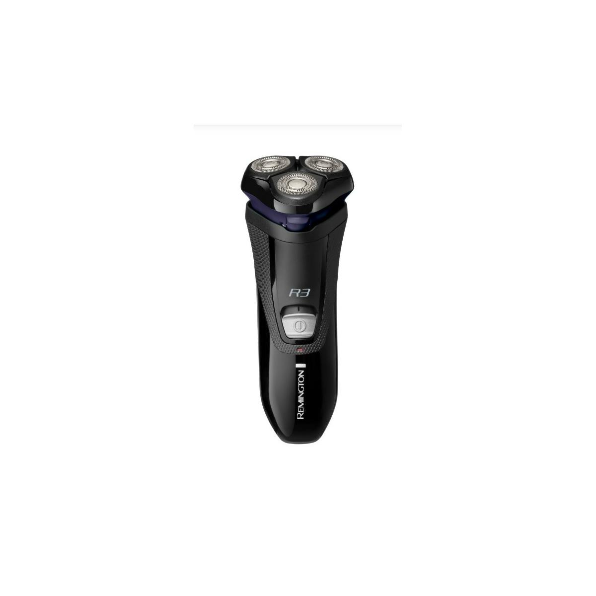 Ein schwarzer Elektrorasierer mit drei Rotationsköpfen. Er hat einen Einschaltknopf und den Markennamen Remington.