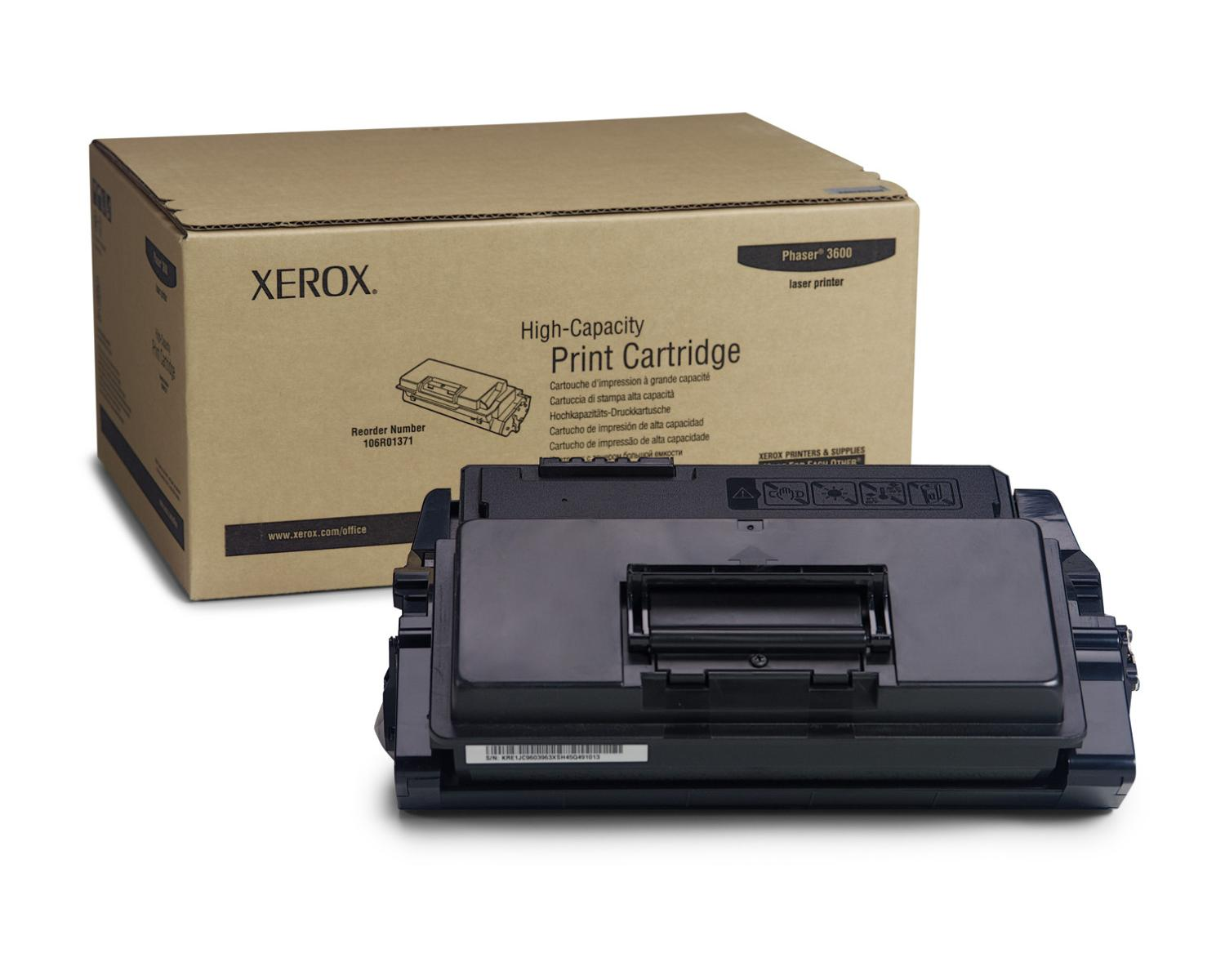 Xerox Phaser 3600 printcartridge met hoge capaciteit en doos. De doos is bruin met zwarte tekst.