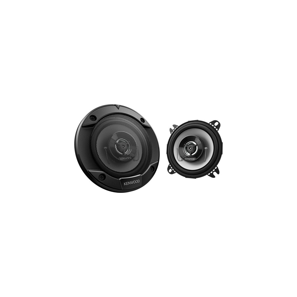 Due altoparlanti per auto Kenwood neri presentati su sfondo bianco, pronti per l'installazione.