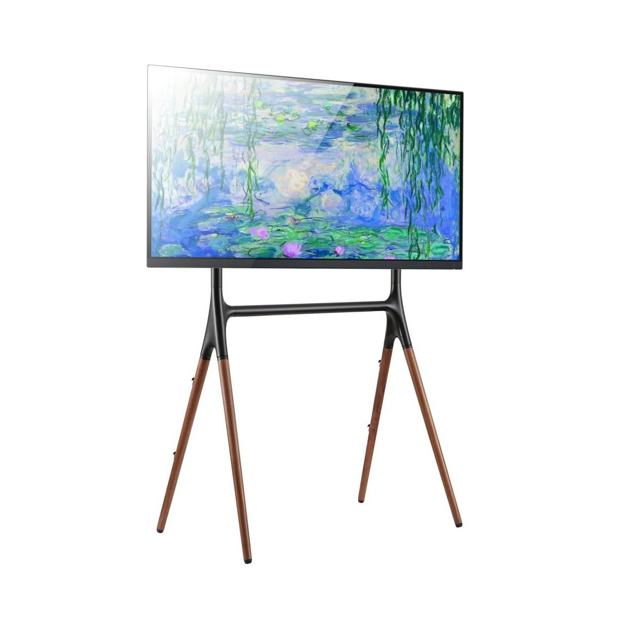 Un televisor grande en un soporte negro con patas de madera.