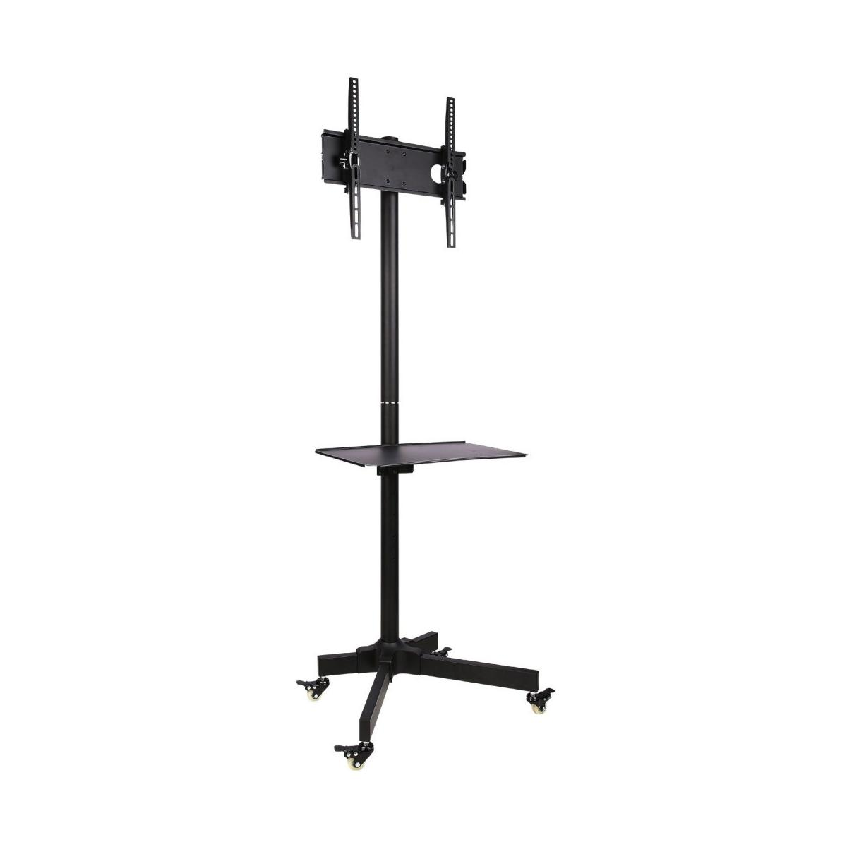 Supporto TV nero con ruote. Un supporto TV nero in alto. Isolato su bianco.