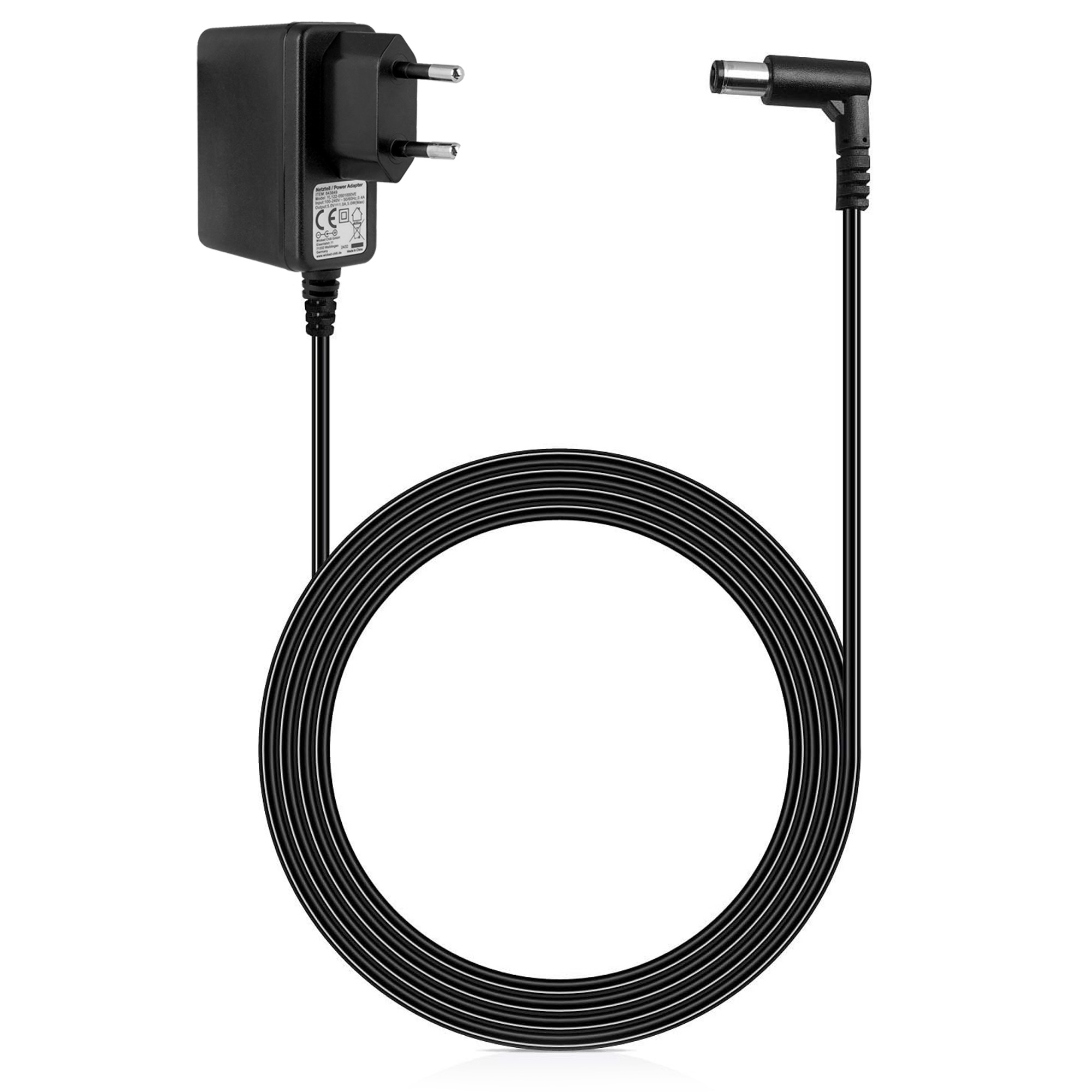 Schwarzes Netzteil und Kabel. Das Kabel ist aufgerollt.