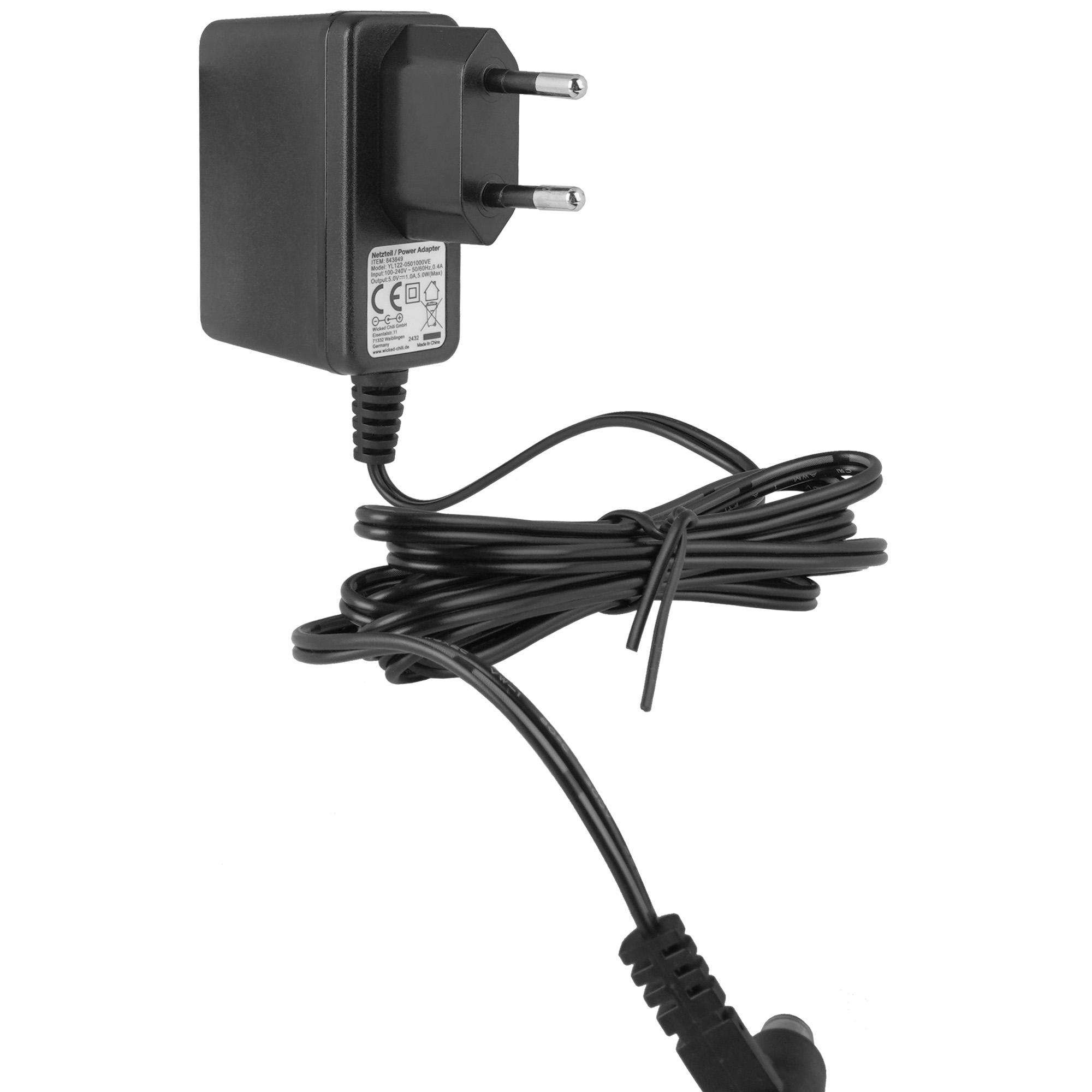 Schwarzes Netzteil mit schwarzem Kabel und Zweipolstecker für elektrischen Anschluss.