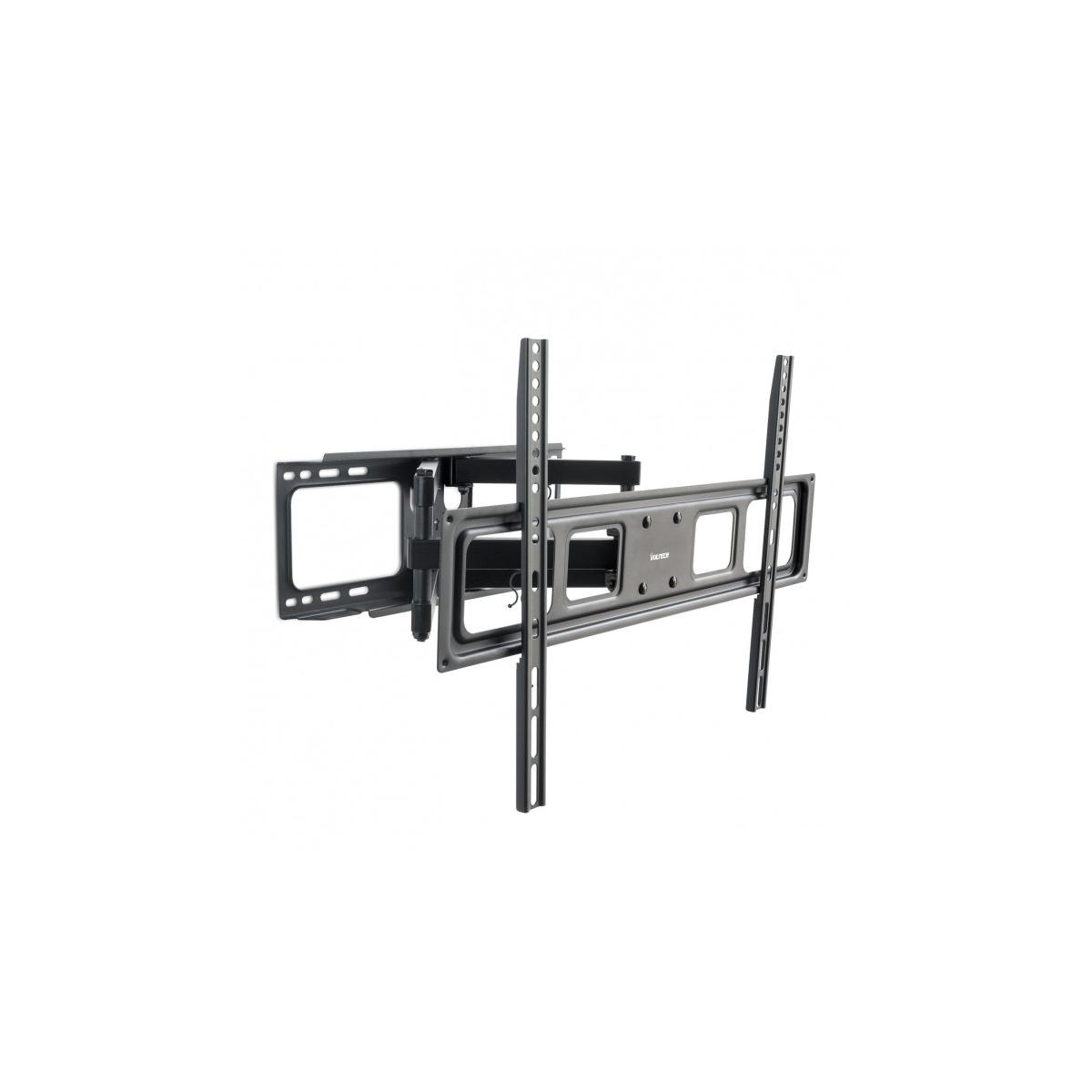 Supporto a parete per TV nero. Due sezioni con più fori, supporti in metallo e design girevole.