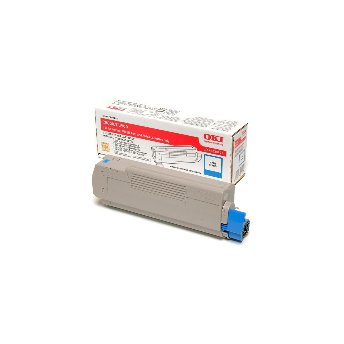 Een OKI tonercartridge in grijs en blauw, met de verpakking met tekst op een witte achtergrond.