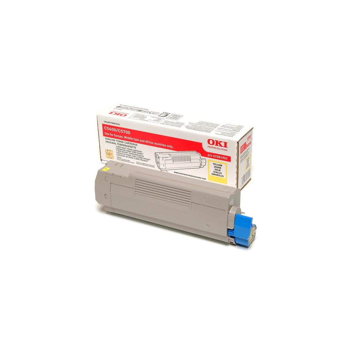 Szary i niebieski wkład do drukarki z pudełkiem na białym tle. Pudełko pokazuje logo OKI.