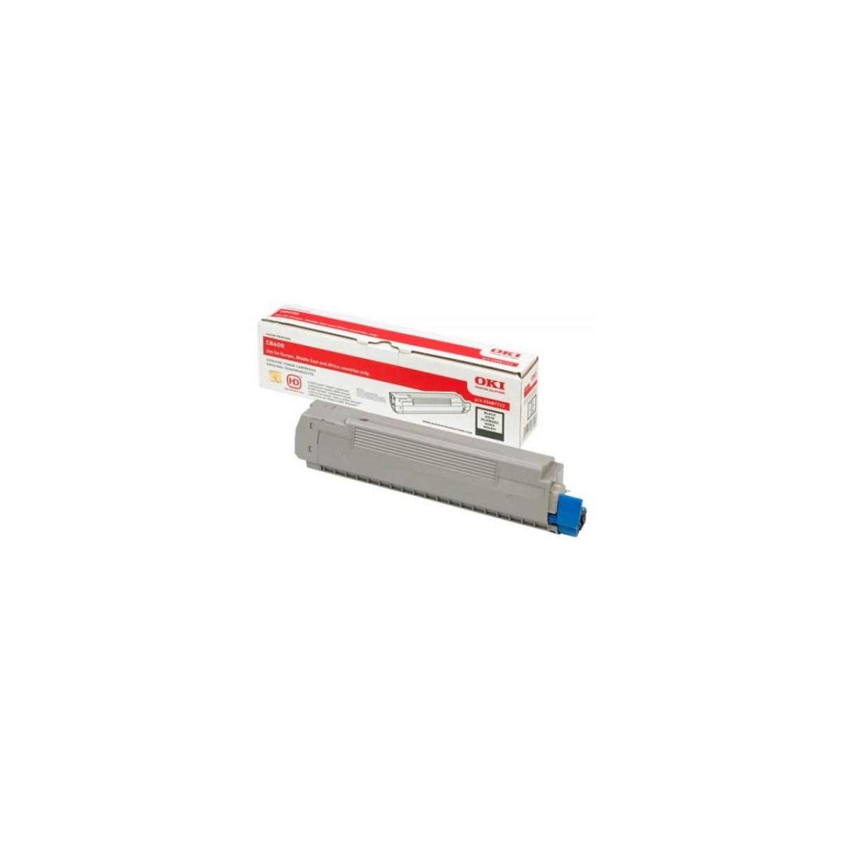 Grijze printertonercartridge met zijn doos op een witte achtergrond.