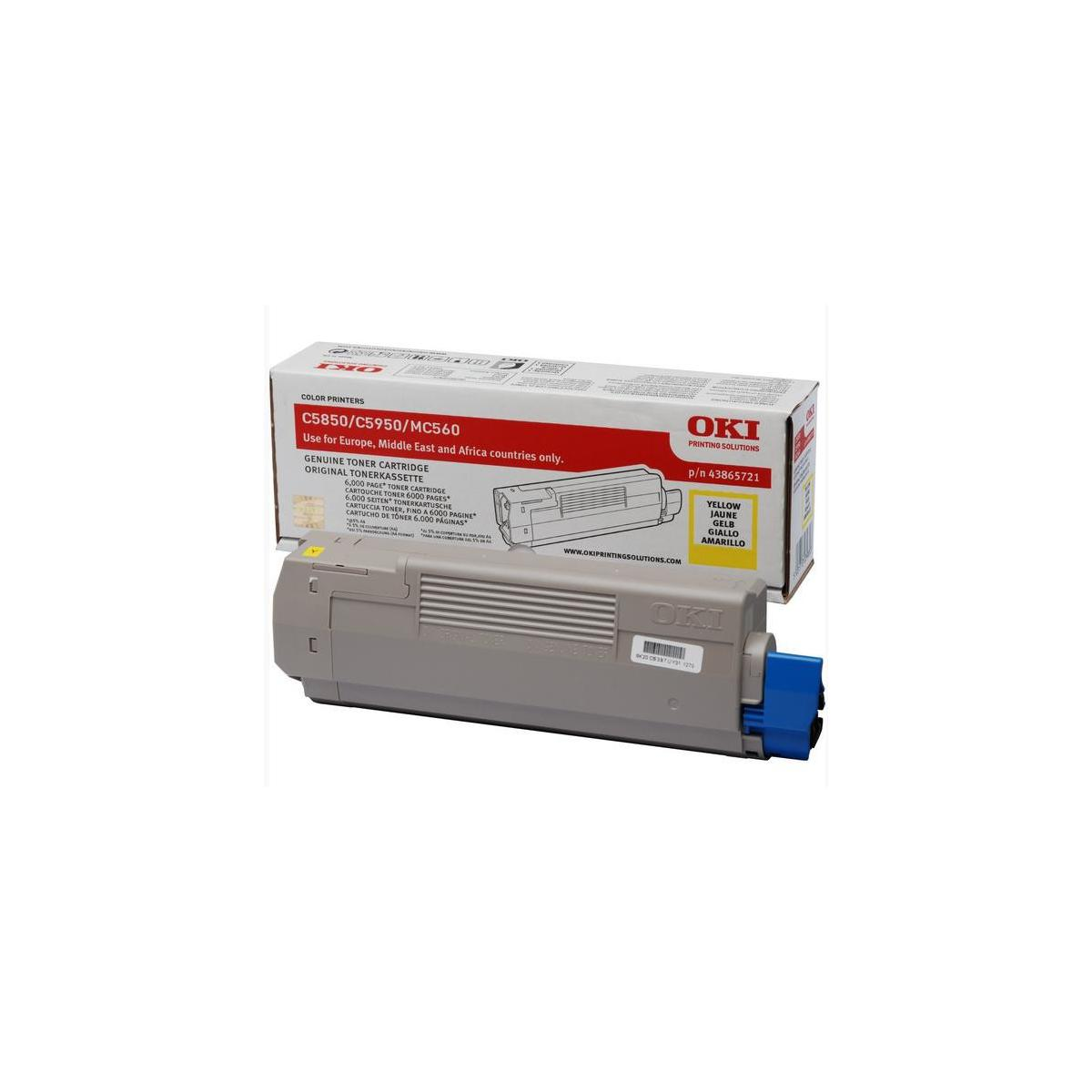 Een tonercartridge doos met een tonercartridge. De doos heeft de tekst 'OKI' en 'CS850/C5950/MC560'.