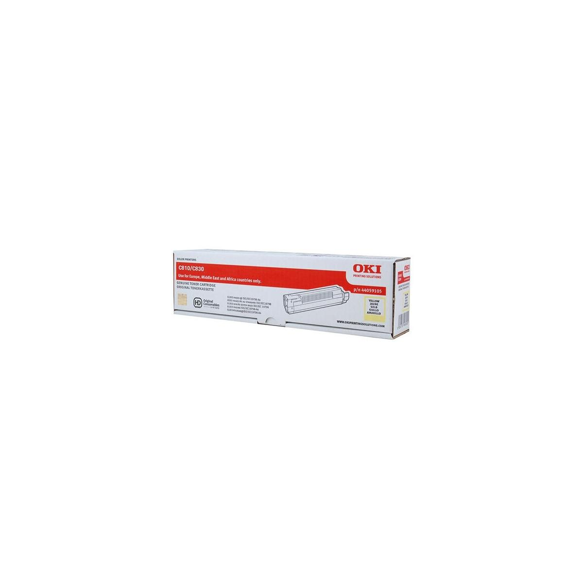 OKI tonercartridge doos, crème en rood, witte achtergrond.