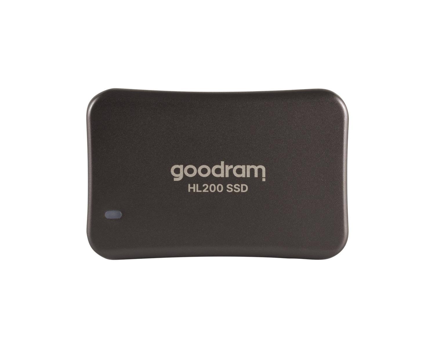 Unità SSD esterna grigio scuro con testo 'goodram HL200 SSD'.
