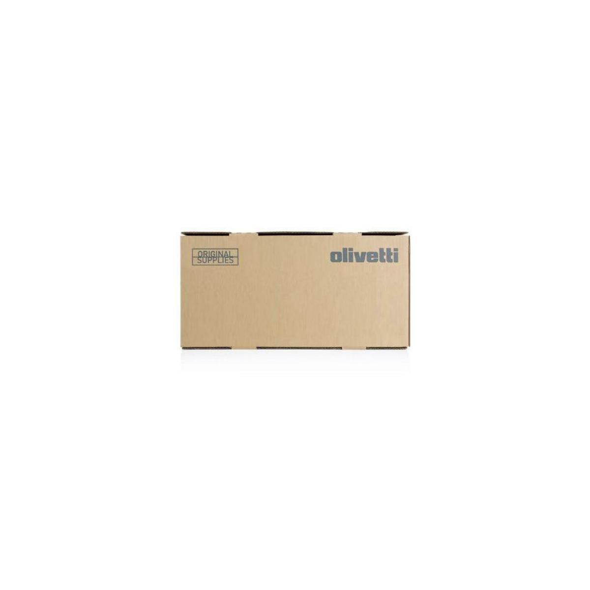 Una scatola Olivetti su una superficie bianca. La scatola è marrone e ha il logo Olivetti.