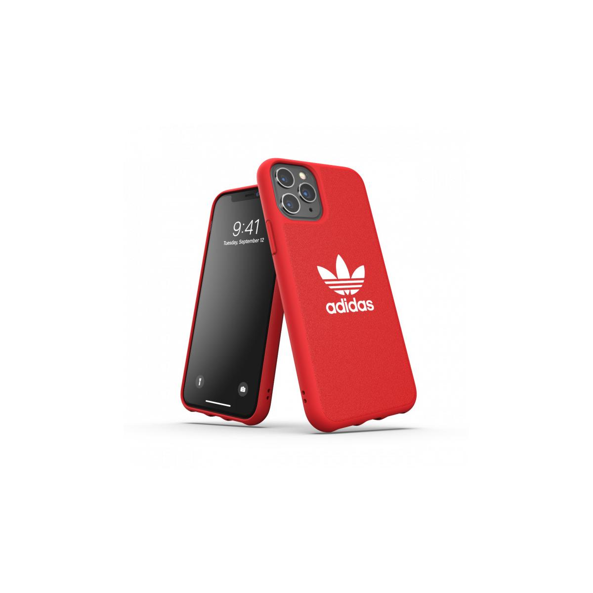 Custodia rossa Adidas con telefono e sfondo bianco.