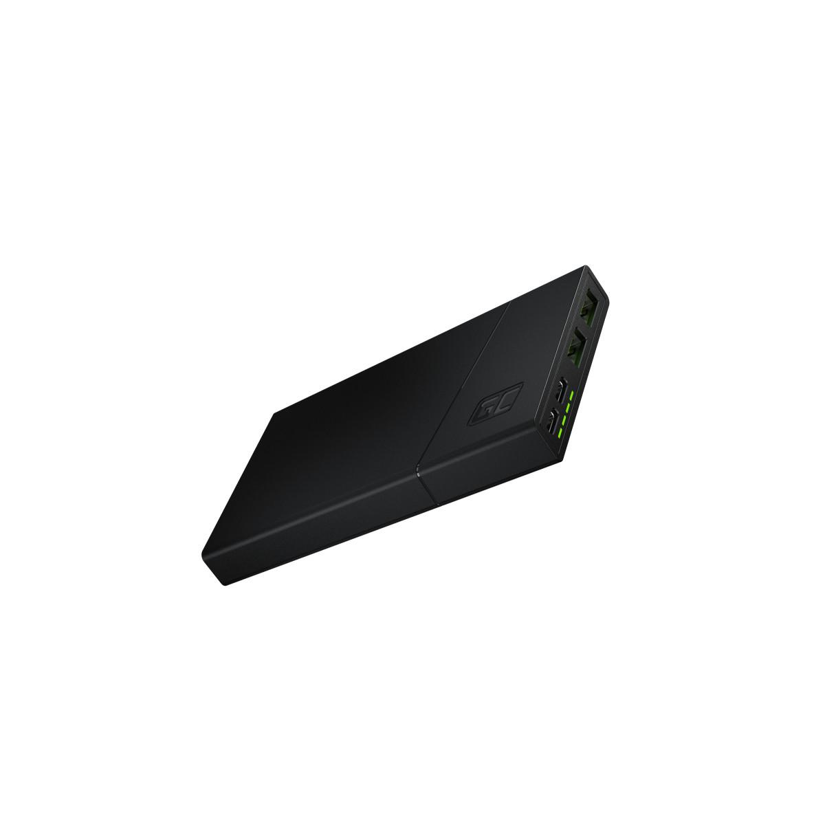 Schwarze, rechteckige Powerbank, mit grünen Lichtern am oberen Rand. Das Markenlogo ist an der Seite.