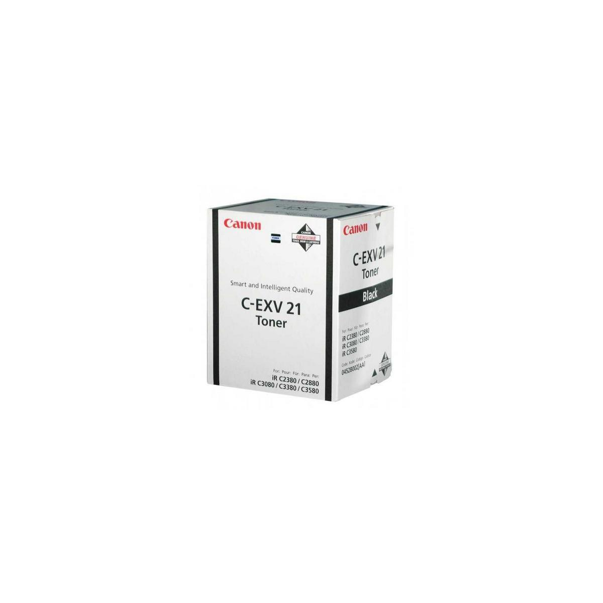 Scatola toner nero Canon C-EXV 21. Logo Canon e dettagli del prodotto su sfondo bianco.