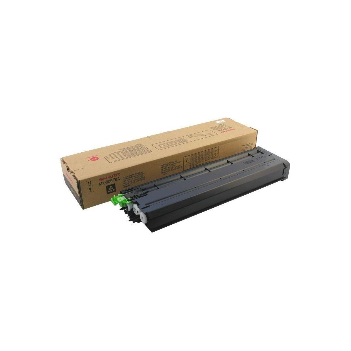 Cartuccia e scatola toner SHARP MX-500GTBA su sfondo bianco.