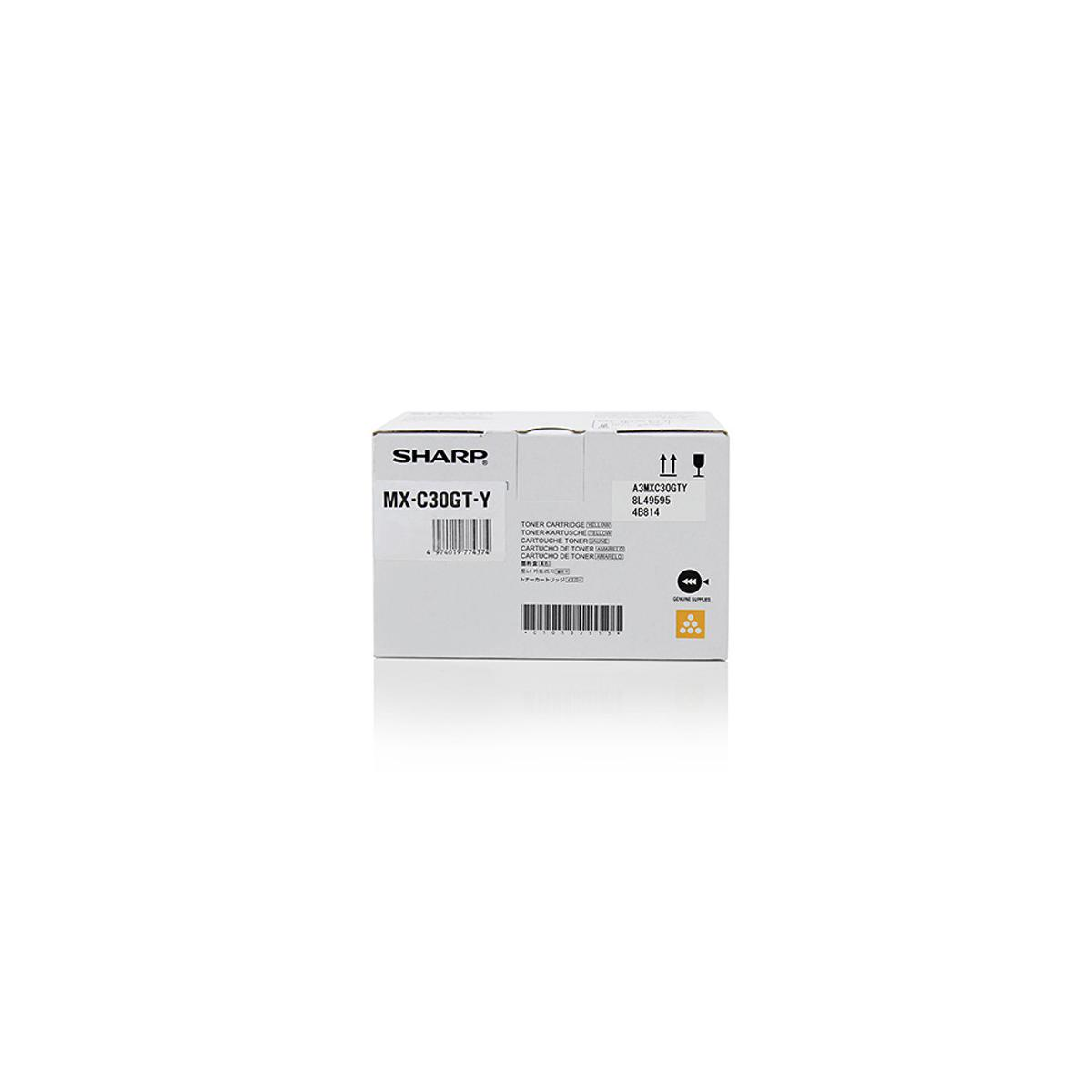 Sharp-printertonercartridgedoos op een witte achtergrond.